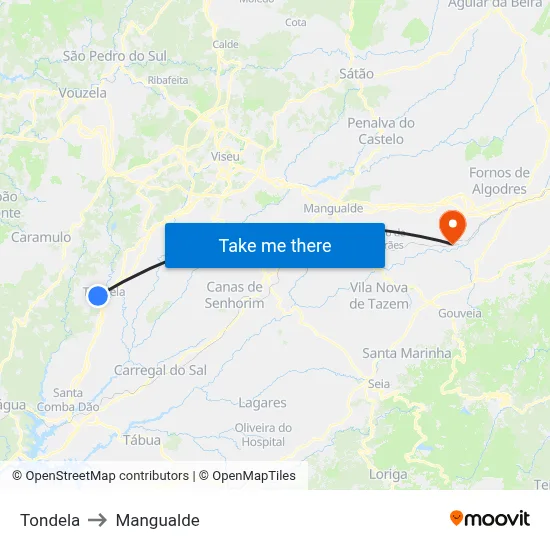 Tondela to Mangualde map