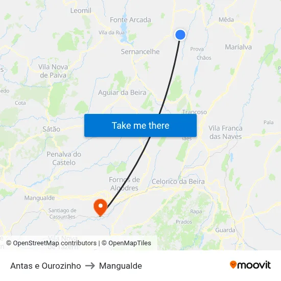 Antas e Ourozinho to Mangualde map