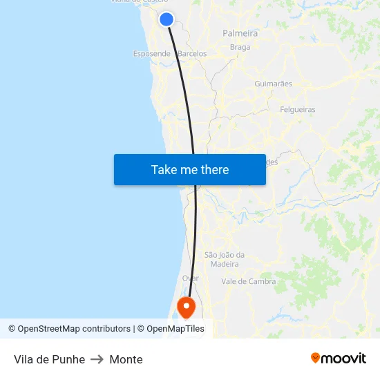 Vila de Punhe to Monte map