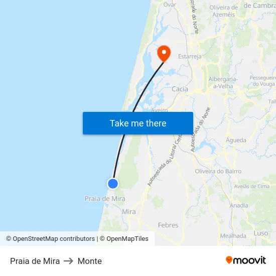 Praia de Mira to Monte map