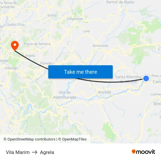 Vila Marim to Agrela map