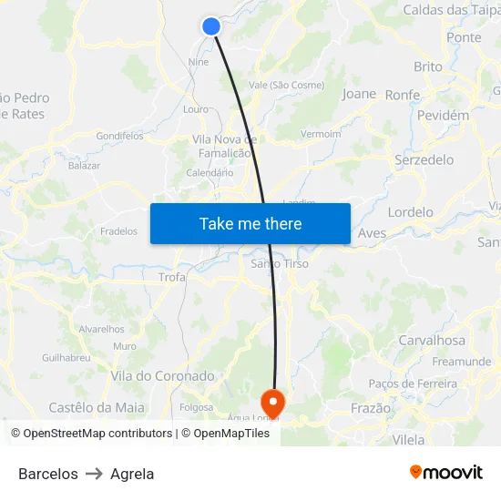 Barcelos to Agrela map
