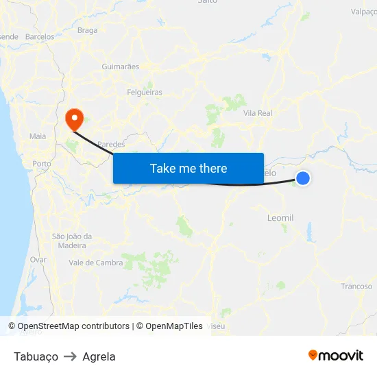 Tabuaço to Agrela map