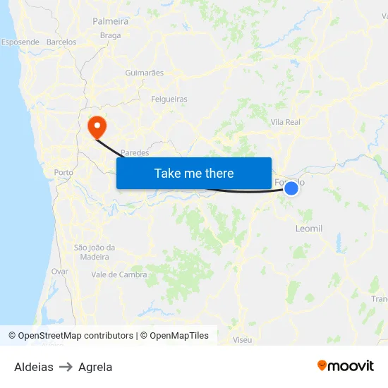 Aldeias to Agrela map