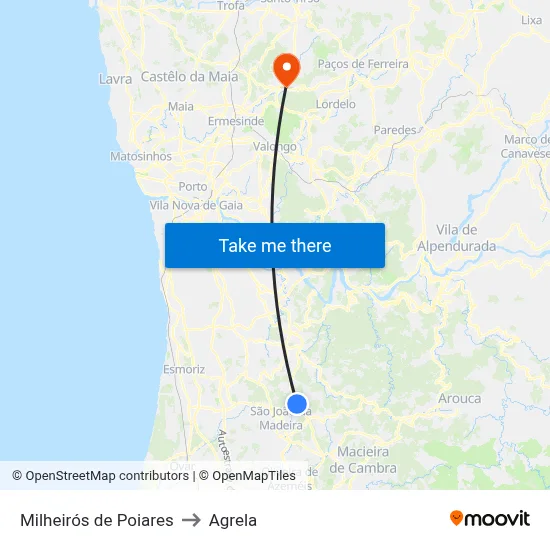 Milheirós de Poiares to Agrela map
