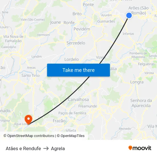 Atães e Rendufe to Agrela map