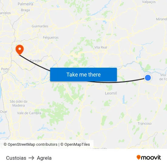 Custoias to Agrela map