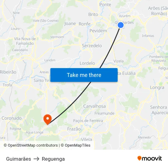 Guimarães to Reguenga map
