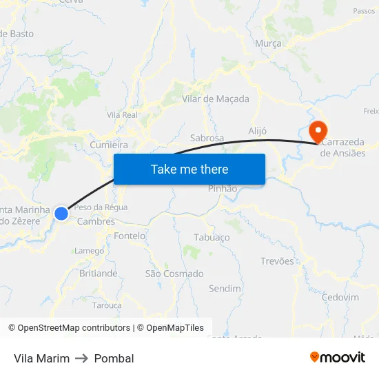 Vila Marim to Pombal map