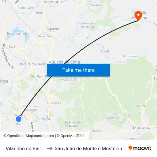 Vilarinho do Bairro to São João do Monte e Mosteirinho map
