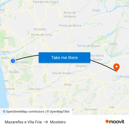 Mazarefes e Vila Fria to Mosteiro map