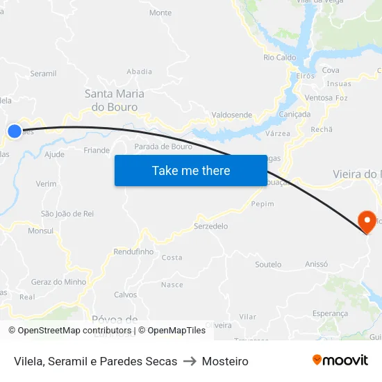 Vilela, Seramil e Paredes Secas to Mosteiro map