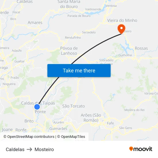 Caldelas to Mosteiro map