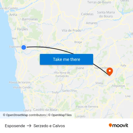 Esposende to Serzedo e Calvos map