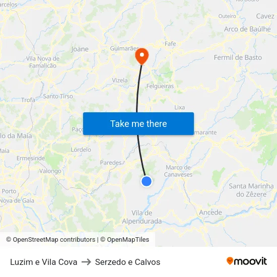 Luzim e Vila Cova to Serzedo e Calvos map