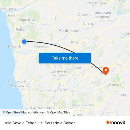 Vila Cova e Feitos to Serzedo e Calvos map