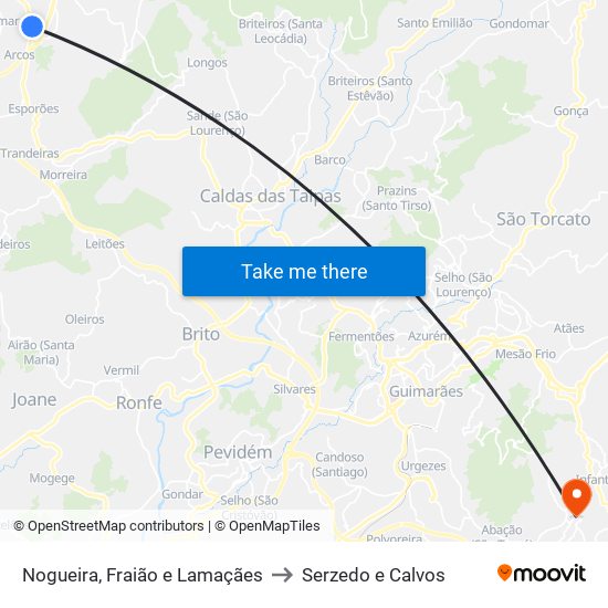 Nogueira, Fraião e Lamaçães to Serzedo e Calvos map