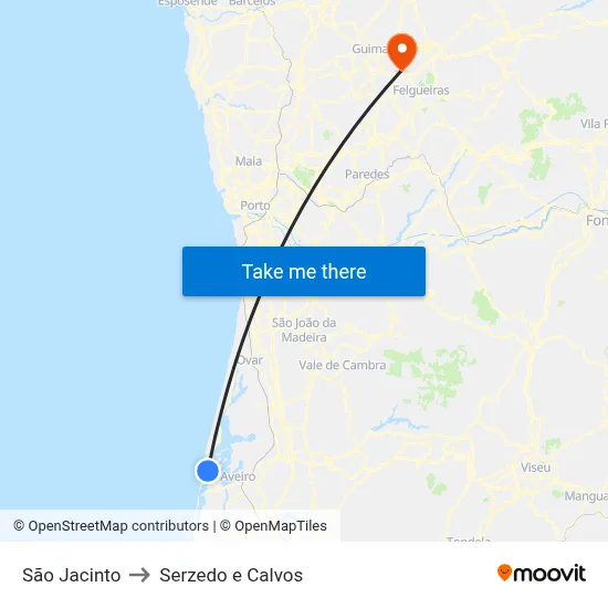 São Jacinto to Serzedo e Calvos map