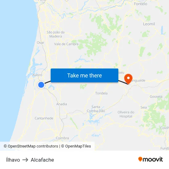 Ílhavo to Alcafache map