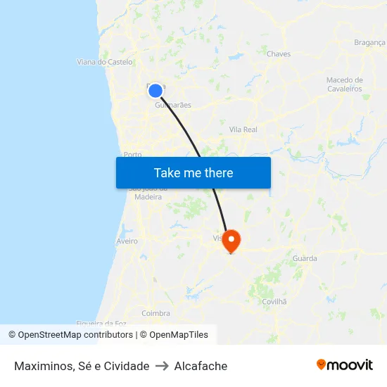 Maximinos, Sé e Cividade to Alcafache map