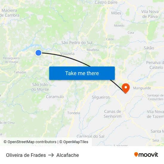Oliveira de Frades to Alcafache map
