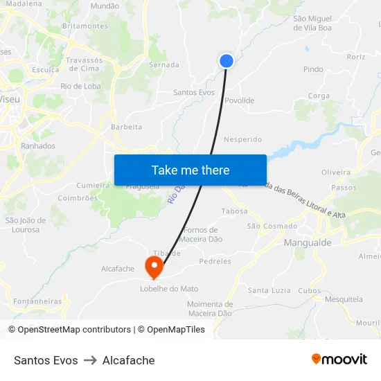 Santos Evos to Alcafache map