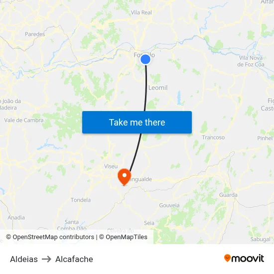 Aldeias to Alcafache map