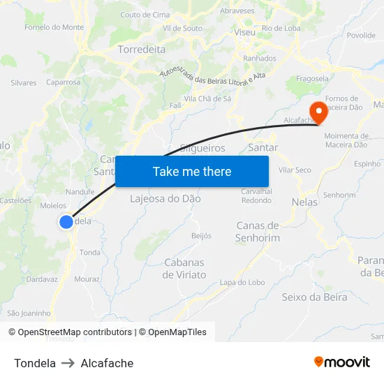 Tondela to Alcafache map