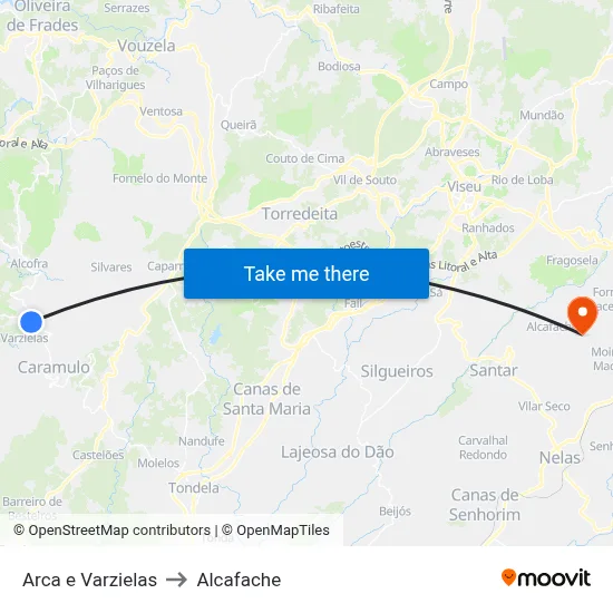 Arca e Varzielas to Alcafache map