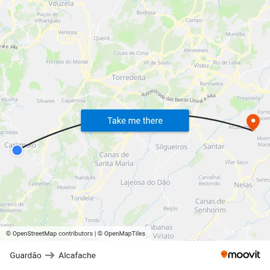 Guardão to Alcafache map