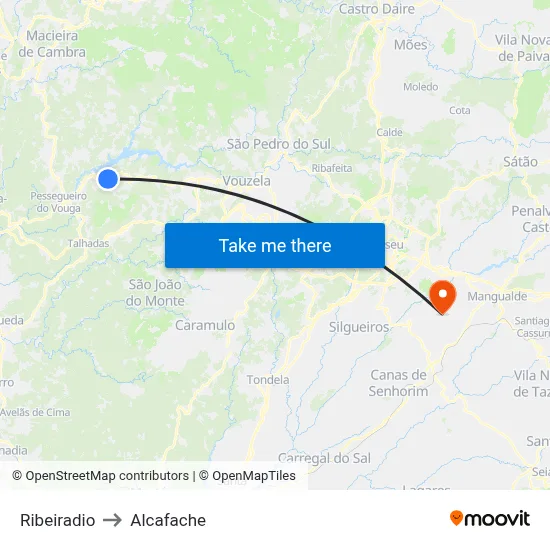 Ribeiradio to Alcafache map