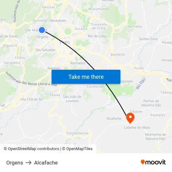 Orgens to Alcafache map