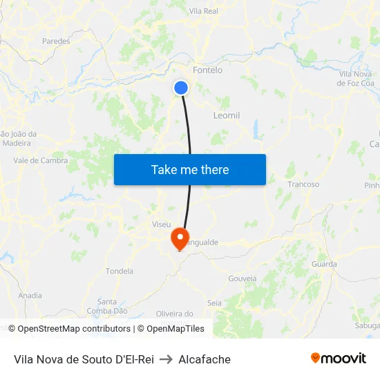 Vila Nova de Souto D'El-Rei to Alcafache map