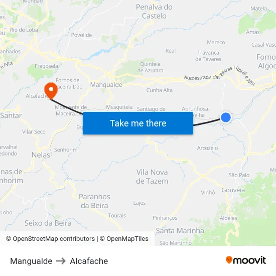 Mangualde to Alcafache map