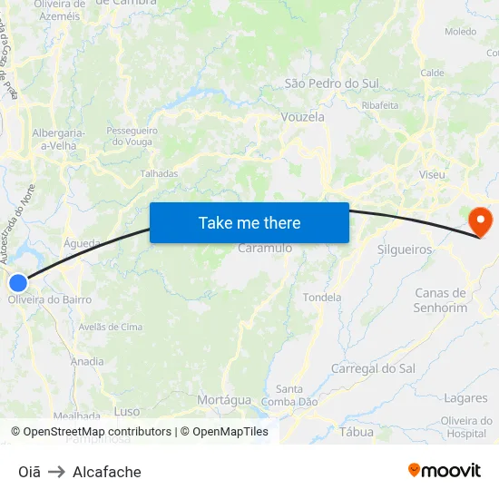 Oiã to Alcafache map