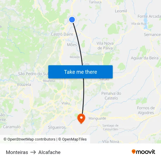 Monteiras to Alcafache map
