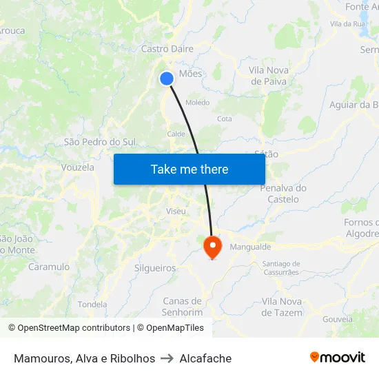 Mamouros, Alva e Ribolhos to Alcafache map