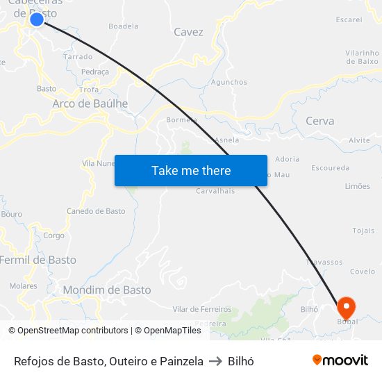 Refojos de Basto, Outeiro e Painzela to Bilhó map