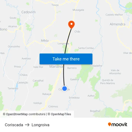 Coriscada to Longroiva map