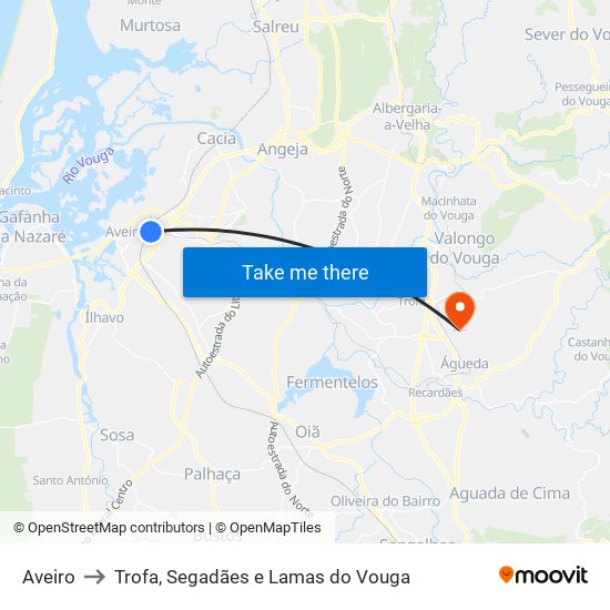 Aveiro to Trofa, Segadães e Lamas do Vouga map