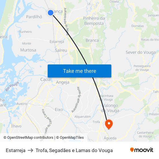 Estarreja to Trofa, Segadães e Lamas do Vouga map