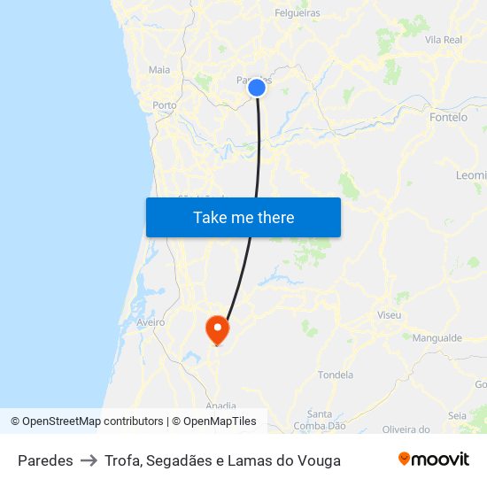 Paredes to Trofa, Segadães e Lamas do Vouga map