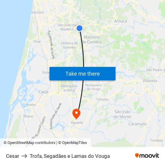 Cesar to Trofa, Segadães e Lamas do Vouga map