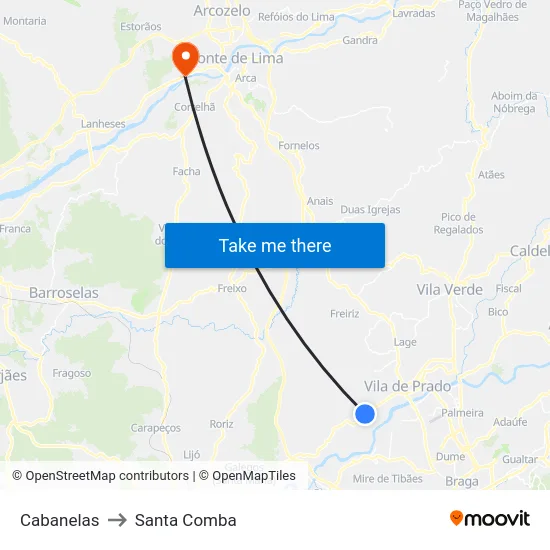 Cabanelas to Santa Comba map