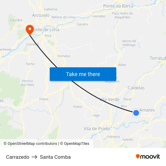 Carrazedo to Santa Comba map