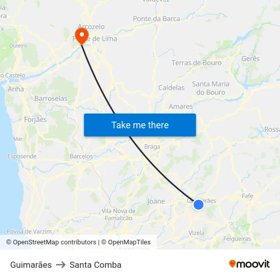 Guimarães to Santa Comba map