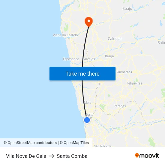 Vila Nova De Gaia to Santa Comba map