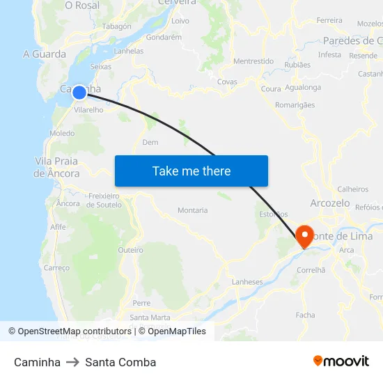 Caminha to Santa Comba map
