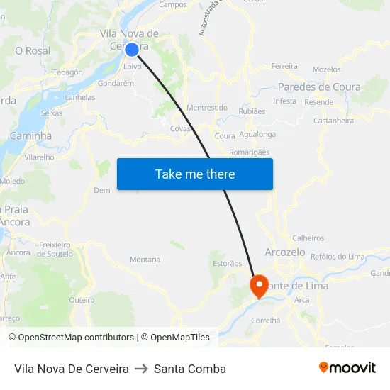 Vila Nova De Cerveira to Santa Comba map