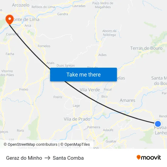 Geraz do Minho to Santa Comba map
